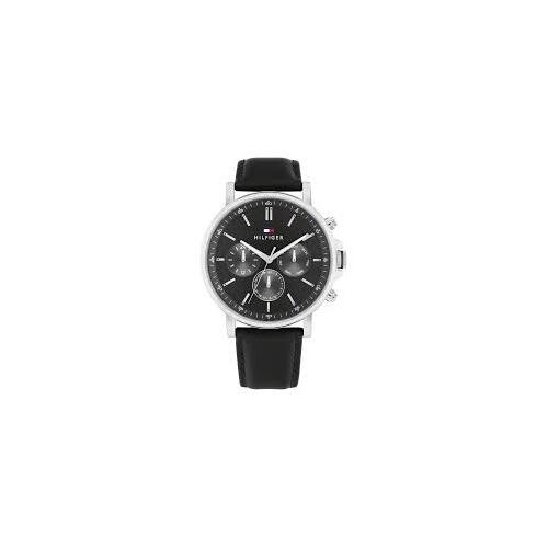 Tommy Hilfiger Black Leather Dark Grey Dial Multi-function Men's Watch