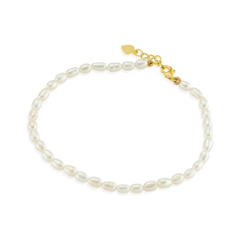 Freshwater rice pearl bracelet with yellow gold plated sterling silver clasp and extension