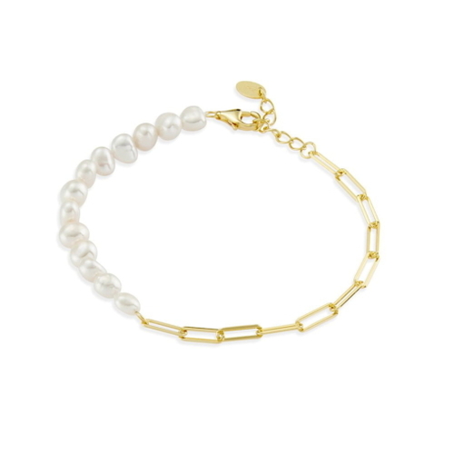 Gold Plated Sterling silver oblong link and freshwater pearl bracelet