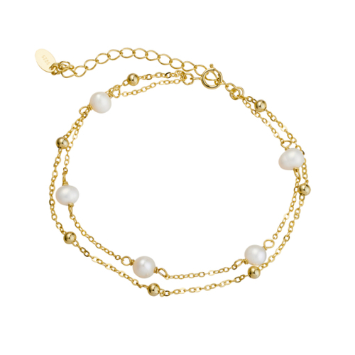 Yellow Gold Plated Sterling silver double bracelet with balls and pearls