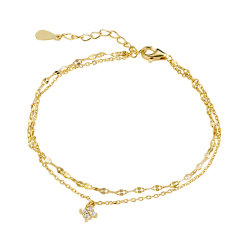 Yellow Gold Plated Sterling silver double chain bracelet with CZ pendant