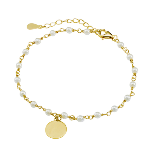 Yellow Gold Plated Sterling silver bracelet with pearls and flat engravable disc charm