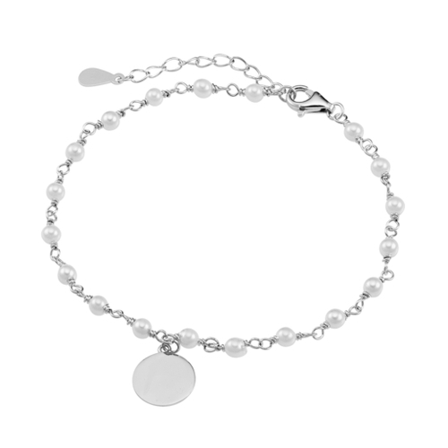 Sterling silver bracelet with pearls and flat engravable disc charm