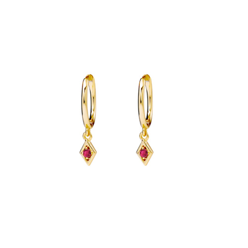 Indulge Yellow Gold Sterling silver huggie earrings with tiny ruby pink CZ charm