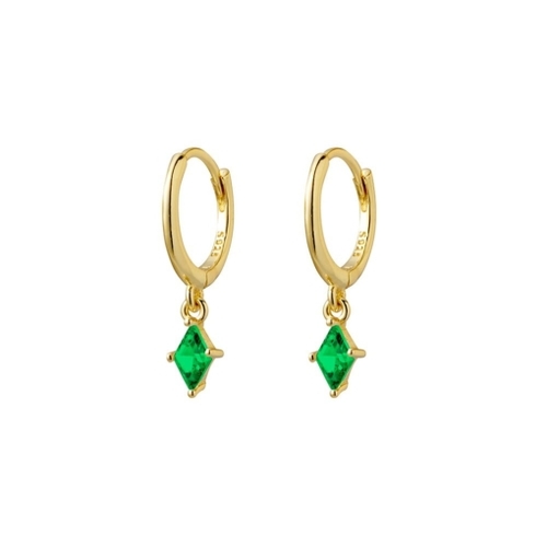 Sterling silver gold plated huggie earrings with drop diamond-shape emerald CZ