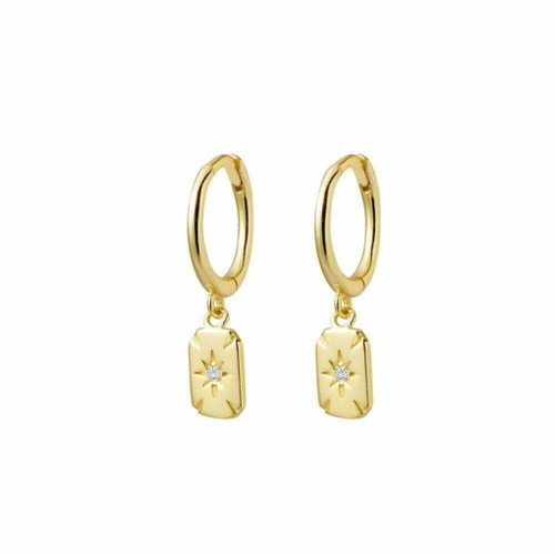 Yellow Gold Plated Sterling silver huggie earrings with petite tag featuring CZ northern star