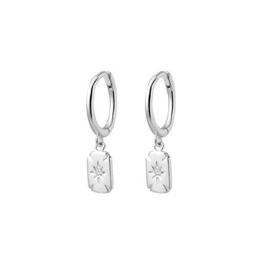 Sterling silver huggie earrings with petite tag featuring CZ northern star