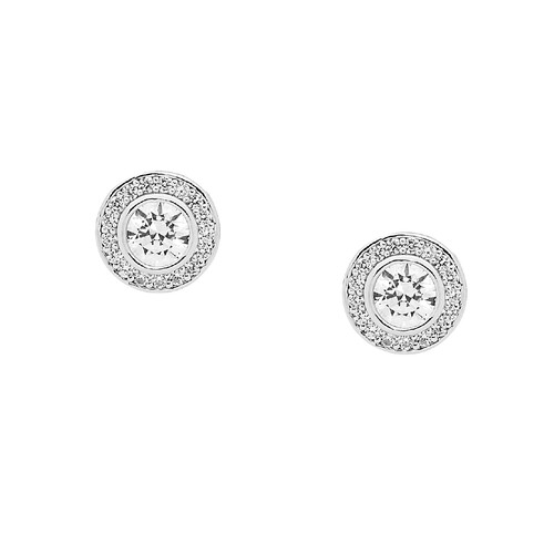 Ellani Stud Earrings Silver CZ with CZ Surround