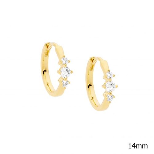 Ellani SS 14mm Hoop Earring w/3 WH CZ Feature YG