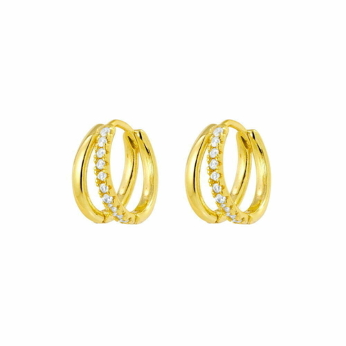 Yellow Gold Plated Sterling silver double hoop huggie earrings with CZ detail