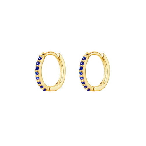 Yellow Gold Plated Sterling silver huggie earrings with sapphire CZ detail