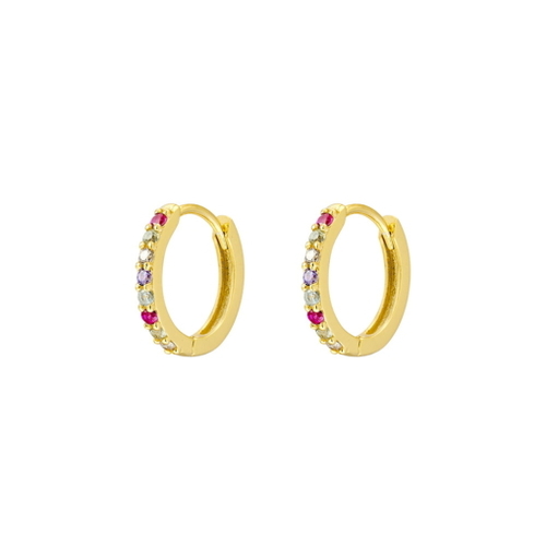 Yellow Gold Plated Sterling silver huggie earrings with multi coloured CZ detail