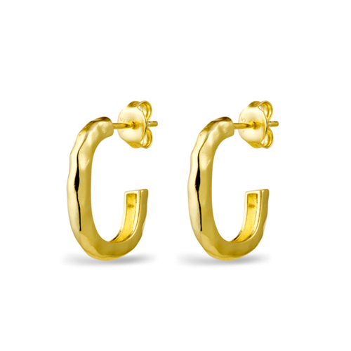 Yellow Gold Plated Sterling silver hammered open oblong hoop earrings