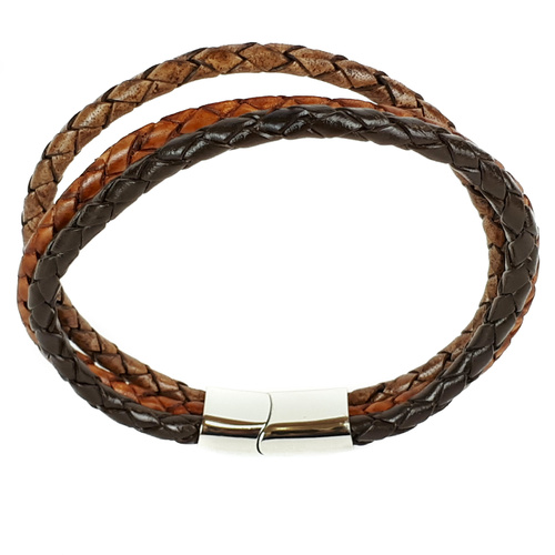 THREE STRAND THREE TONE BROWN LEATHER BRACELET