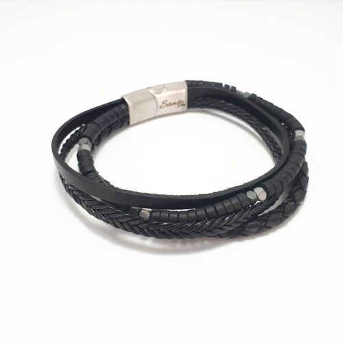 FOUR STRAND BLACK LEATHER BRACELET WITH ONYX AND HEMATITE