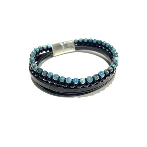 BLUE APATITE, ONYX AND BLACK LEATHER BRACELET