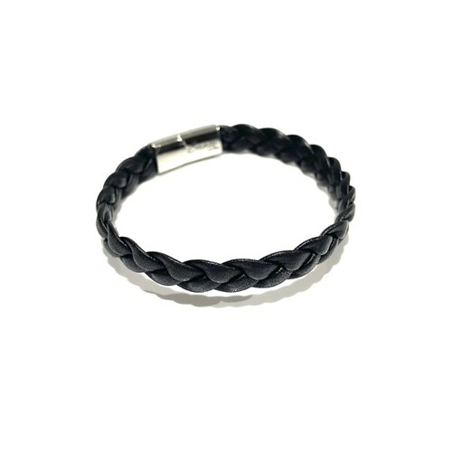 BLACK LEATHER FLAT PLAITED BRACELET