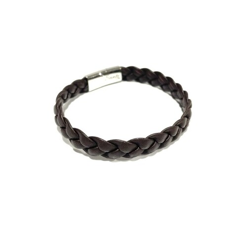 BROWN LEATHER FLAT PLAITED BRACELET