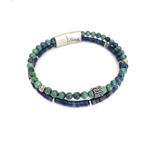 SANTO AZURITE MALACHITE AND SODALITE DOUBLE STRAND BEADED BRACELET