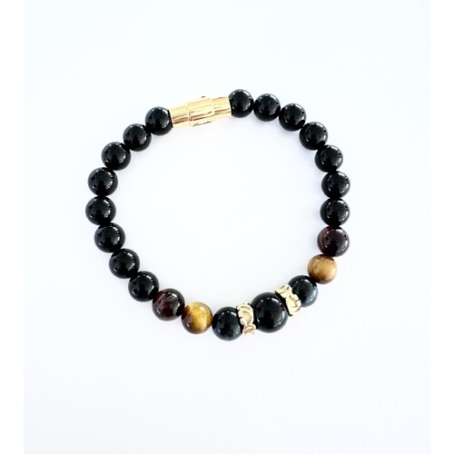 ONYX AND 3 X TIGERS EYE BEADED BRACELET WITH YGP S/STEEL CLASP