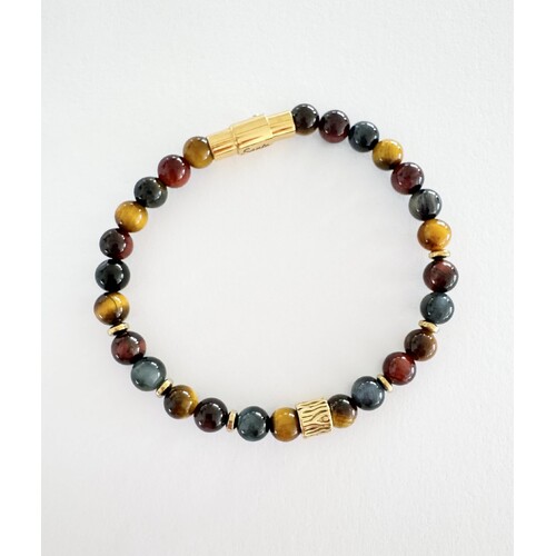 THREE COLOUR TIGERS EYE BEADED BRACELET WITH YGP S/STEEL CLASP