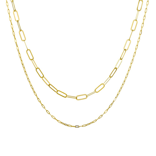 Yellow Gold Sterling Silver tiered double necklace – paperclip link and fine open cable chain