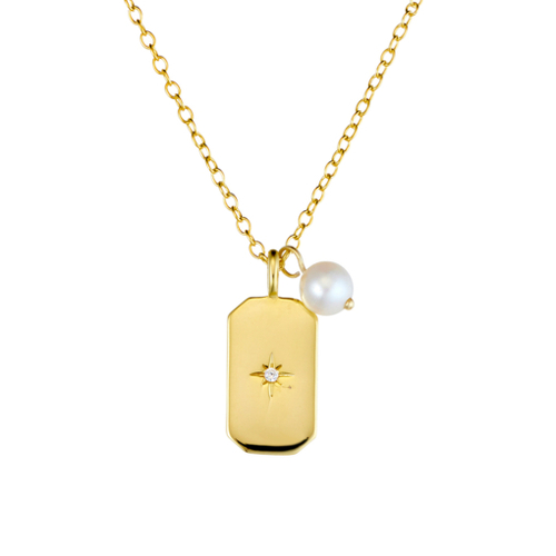 Yellow Gold Plated Sterling silver necklace with rectangle pendant featuring CZ and floating pearl