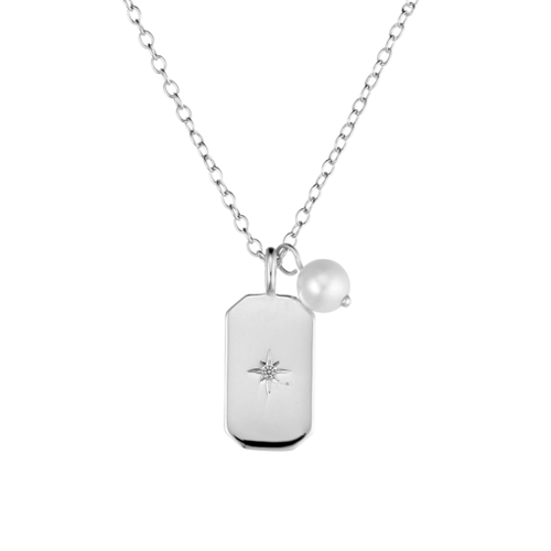 Sterling silver necklace with rectangle pendant featuring CZ and floating pearl