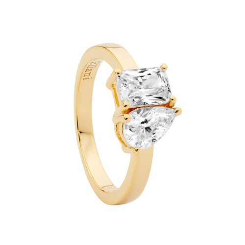 Ellani SS Emerald & Pear cut CZ Ring Yellow Gold