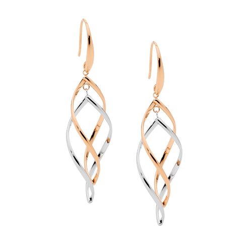 Ellani Stainless Steel Double Twist Drop Earrings Two Tone RG