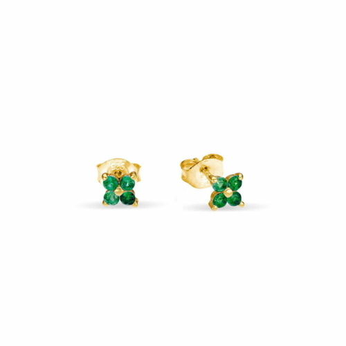 Yellow Gold Plated Sterling Silver Petite Emerald CZ Flower Stud Earrings