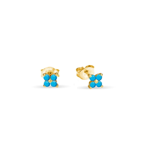 Yellow Gold Plated Sterling Silver Petite Turquoise CZ Flower Stud Earrings