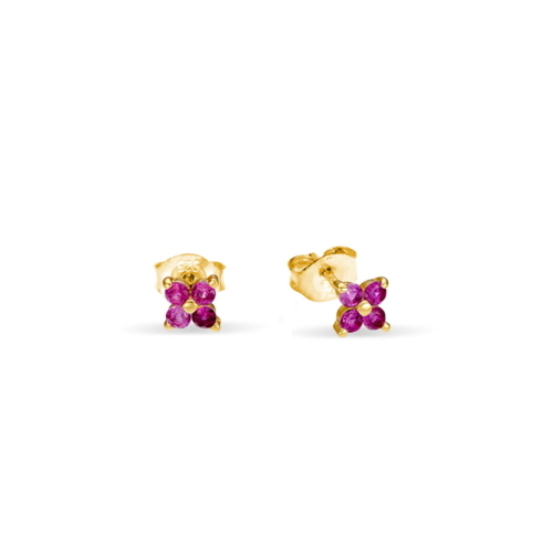 Yellow Gold Plated Sterling Silver Petite Ruby CZ Flower Stud Earrings