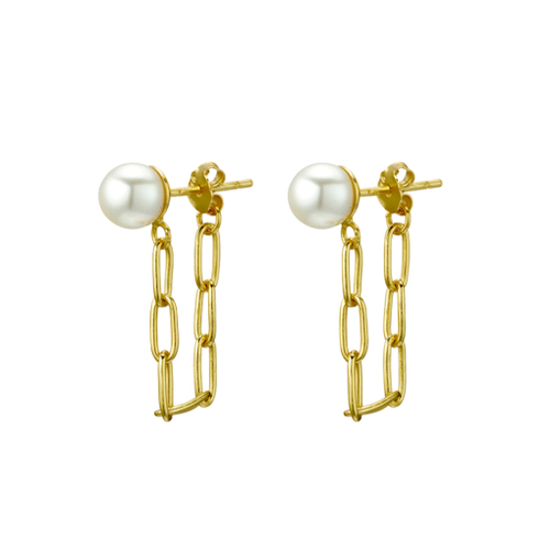 Yellow Gold Plated Sterling Silver Pearl Stud Earrings with Open Link Chain