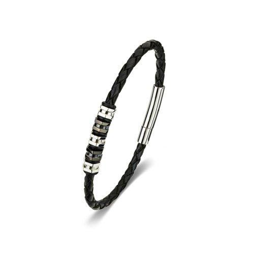 Indulge Stainless Steel Men’s Extendable Leather Bangle with Beads