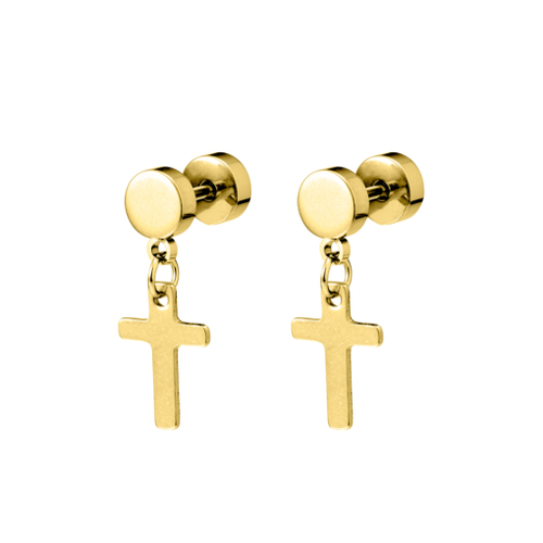 Yellow Gold Plated Stainless steel faux plug stud single earring with dangle cross