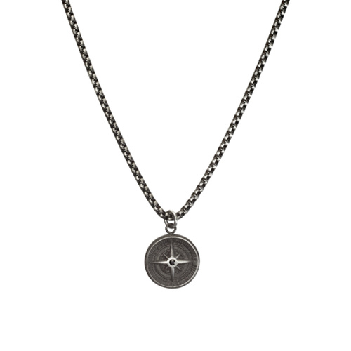 Indulge Stainless Steel men’s compass pendant necklace with matte antique finish chain