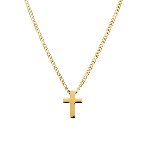 Yellow Gold IP men’s stainless steel open curb chain necklace with cross pendant