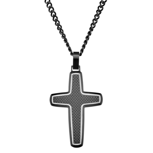 Stainless carbon fibre black and steel cross pendant with black