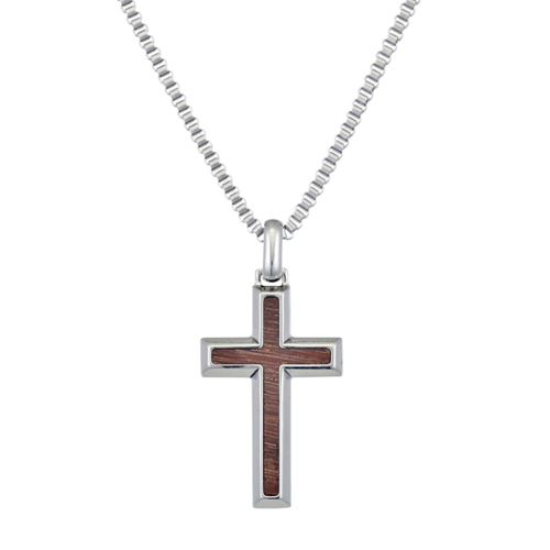 Men’s stainless steel polished cross with wood inlay pendant